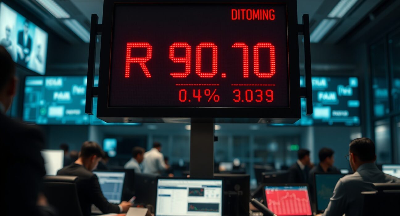Indonesian rupiah exchange rate board showing decline against US dollar in Jakarta financial district