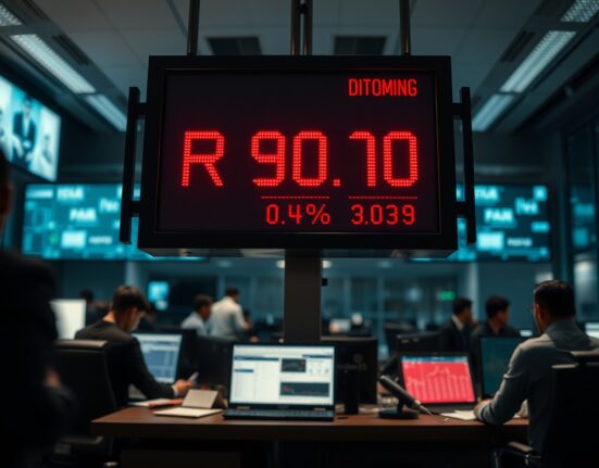 Indonesian rupiah exchange rate board showing decline against US dollar in Jakarta financial district