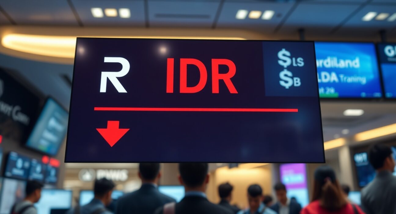 Currency exchange board showing Indonesian rupiah weakening against US dollar on a trading floor