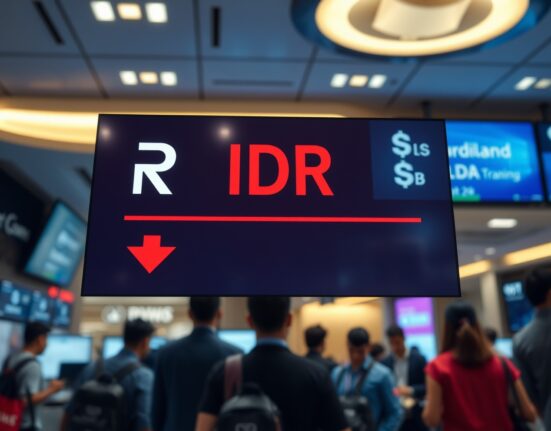 Currency exchange board showing Indonesian rupiah weakening against US dollar on a trading floor