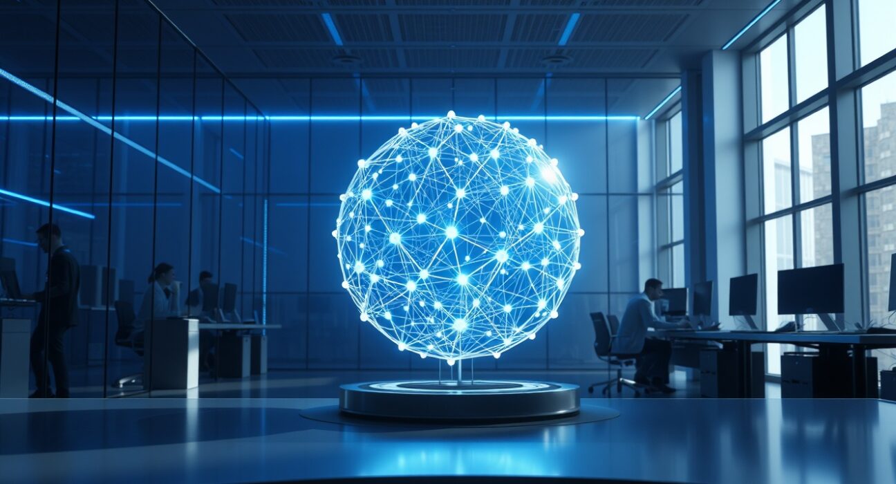 Ineffable Intelligence superlearner AI concept with glowing neural network in London lab