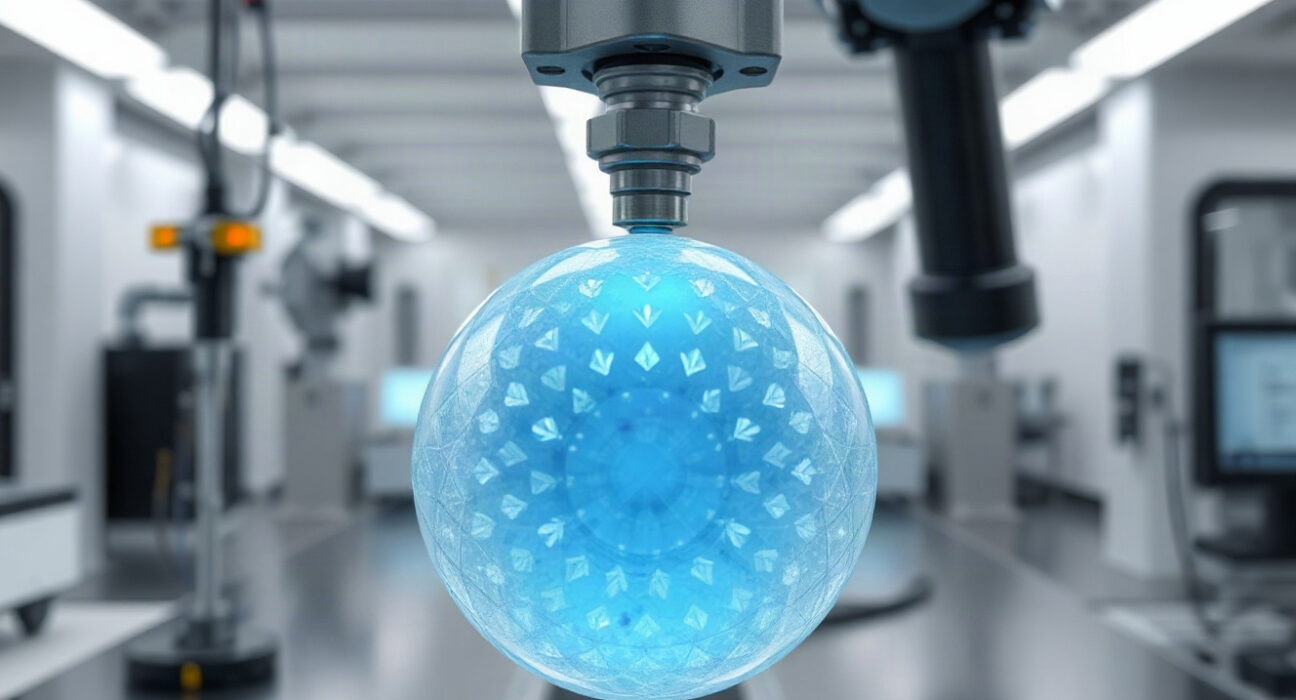 Robotic arm holding a glowing fusion fuel pellet in a cleanroom