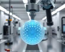 Robotic arm holding a glowing fusion fuel pellet in a cleanroom