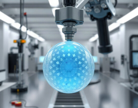 Robotic arm holding a glowing fusion fuel pellet in a cleanroom