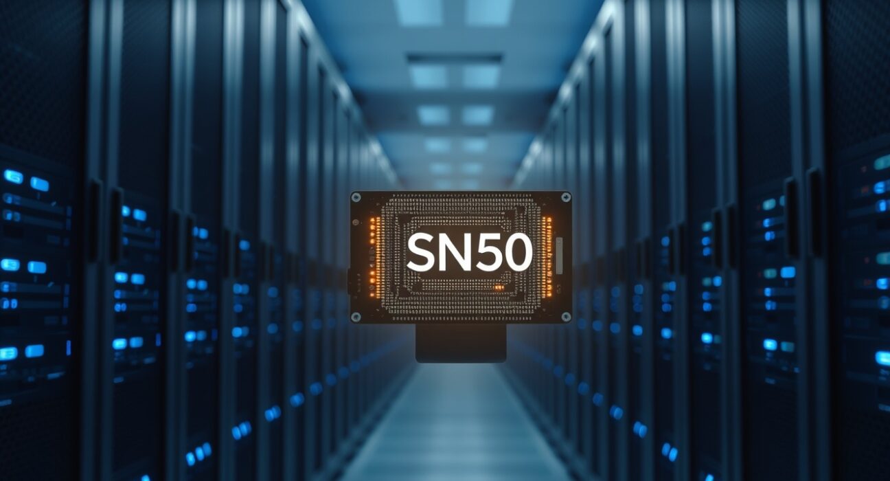 Data center aisle with SambaNova SN50 inference chip servers illuminated by blue LED lights