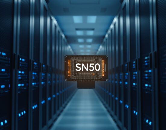 Data center aisle with SambaNova SN50 inference chip servers illuminated by blue LED lights