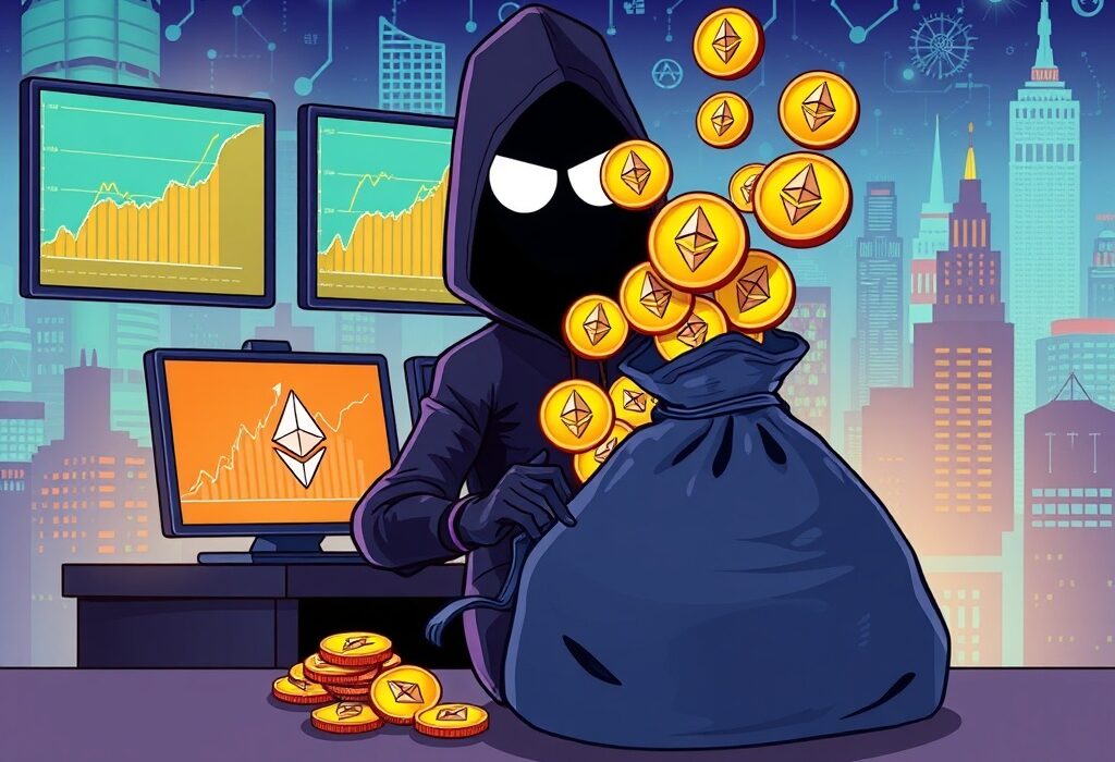 A cartoon hacker selling stolen ETH during an Ethereum price surge, highlighting the ongoing challenge of crypto security.