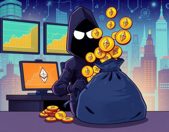 A cartoon hacker selling stolen ETH during an Ethereum price surge, highlighting the ongoing challenge of crypto security.