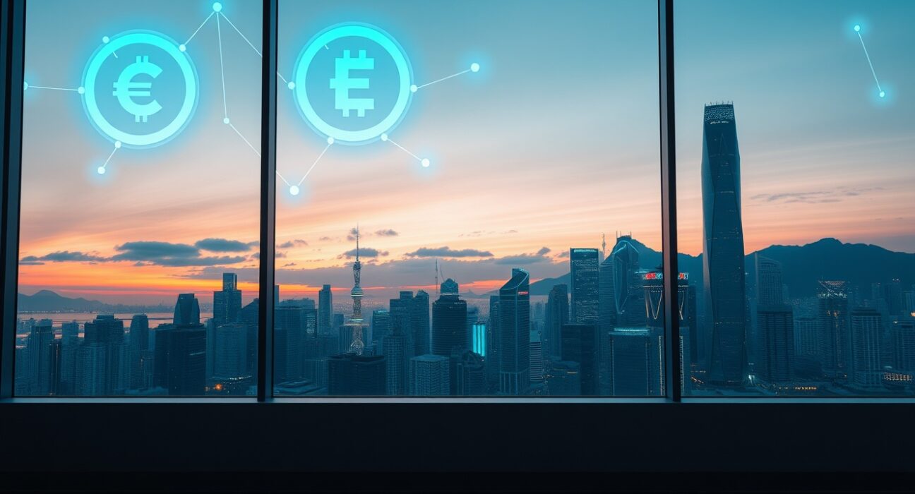 Hong Kong skyline with digital blockchain network and stablecoin symbols representing Infini's membership in Circle Alliance Program