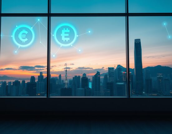 Hong Kong skyline with digital blockchain network and stablecoin symbols representing Infini's membership in Circle Alliance Program