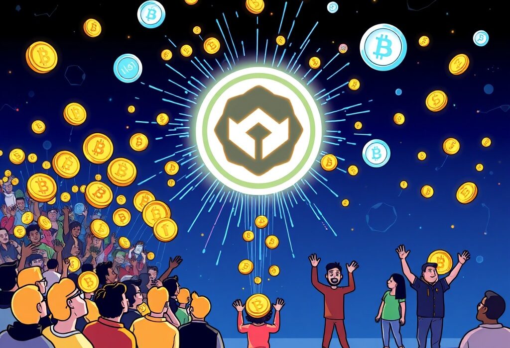 A cartoon illustration depicting the INFINIT tokenomics distribution, highlighting the 5% IN token airdrop for community engagement.