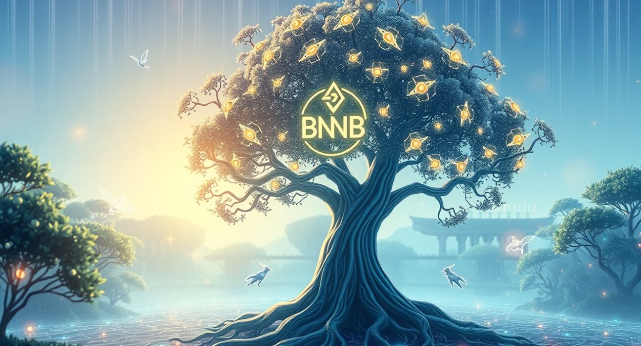 Infinity Ground AIN staking service visualized as a digital tree yielding tokens for AI agents.