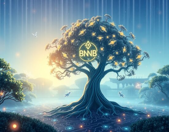 Infinity Ground AIN staking service visualized as a digital tree yielding tokens for AI agents.