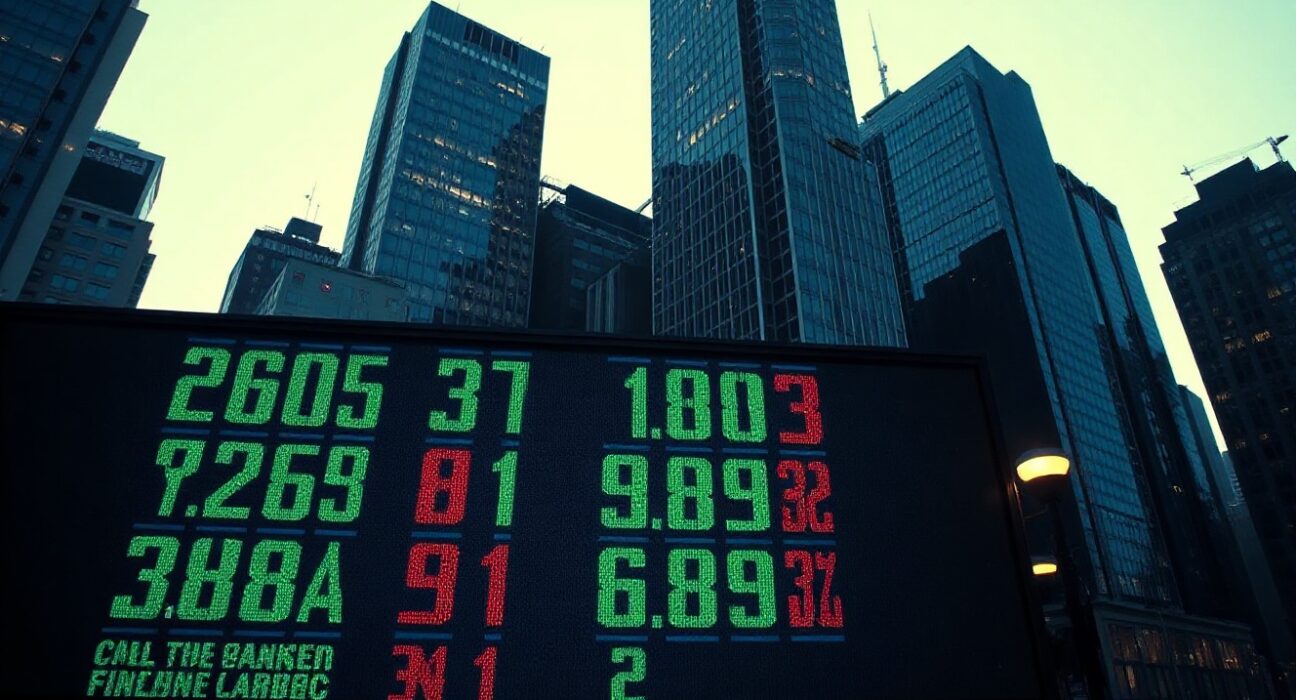 Financial district skyline with stock ticker display at dusk, symbolizing market focus on inflation