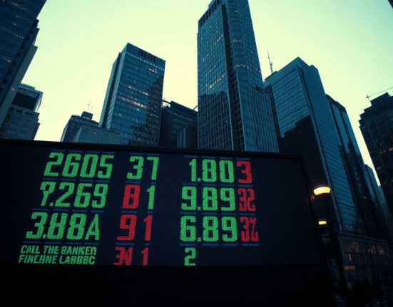 Financial district skyline with stock ticker display at dusk, symbolizing market focus on inflation