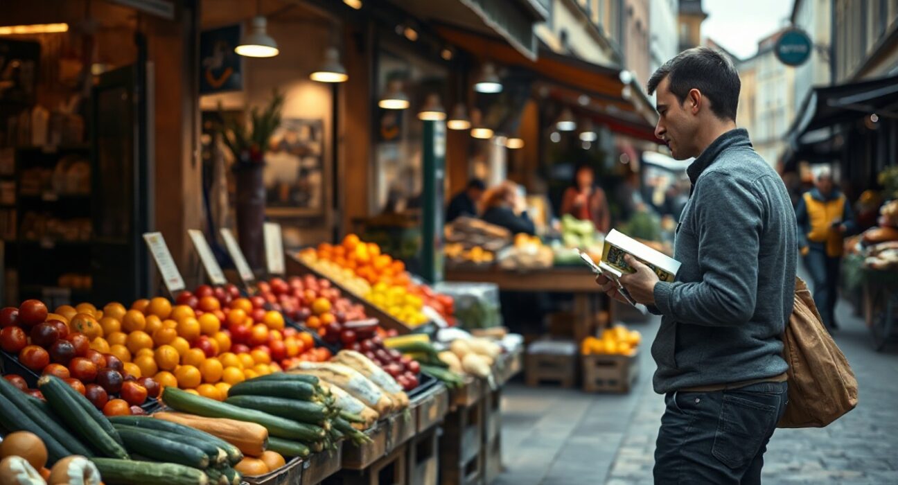 Shopper checking prices at a European market as inflation trends vary across the region.