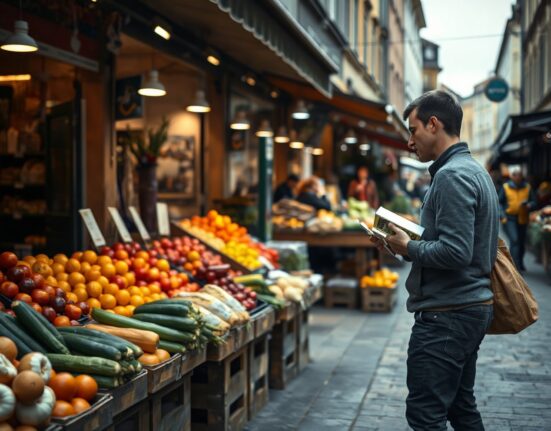 Shopper checking prices at a European market as inflation trends vary across the region.