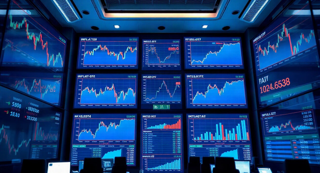 Financial market screens showing inflation and interest rate charts