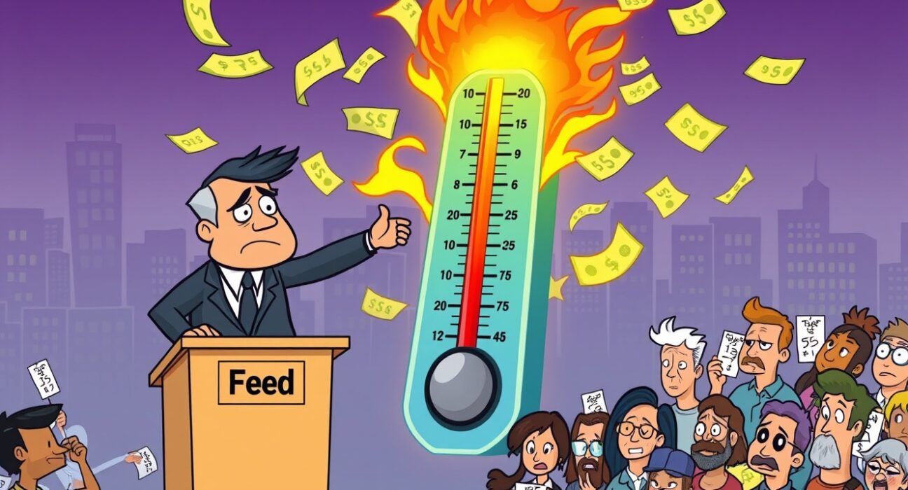 Cartoon of a Federal Reserve official warning that inflation remains too high, symbolized by an overheating thermometer.