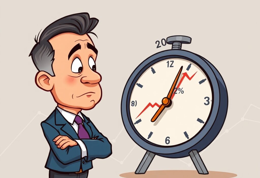 A cartoon central banker observes a clock and graph, symbolizing the Federal Reserve's inflation target of 2% by 2027.