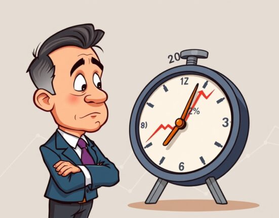 A cartoon central banker observes a clock and graph, symbolizing the Federal Reserve's inflation target of 2% by 2027.