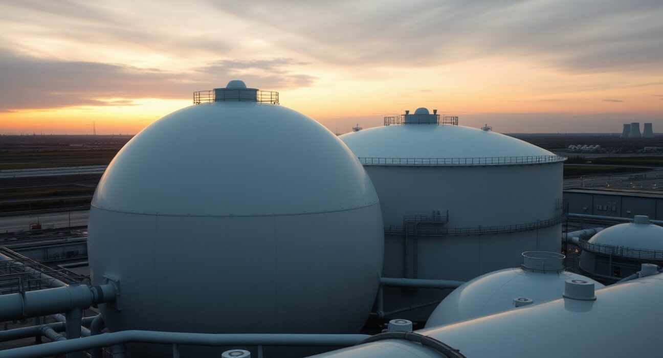 Natural gas storage facility at twilight, representing European gas market volatility and supply risk.