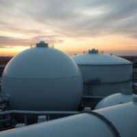 Natural gas storage facility at twilight, representing European gas market volatility and supply risk.