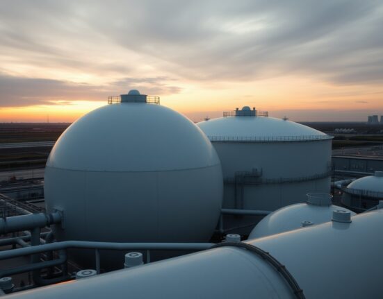 Natural gas storage facility at twilight, representing European gas market volatility and supply risk.
