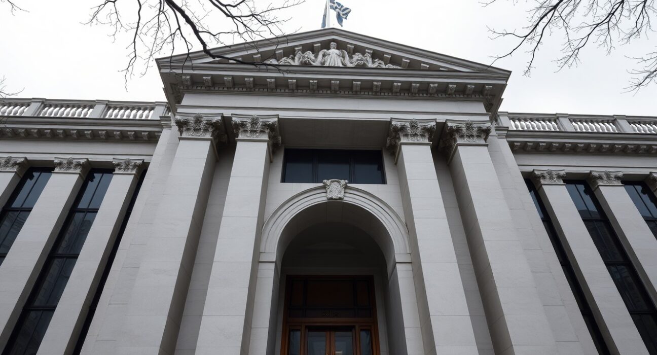 Exterior of the Federal Reserve building in Washington, D.C., under overcast skies.