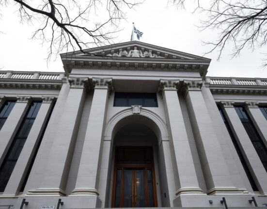 Exterior of the Federal Reserve building in Washington, D.C., under overcast skies.