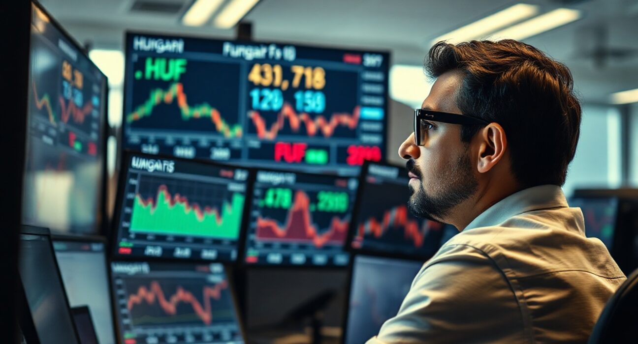 Financial analyst monitoring CEE currency charts including Hungarian forint in a modern trading floor environment