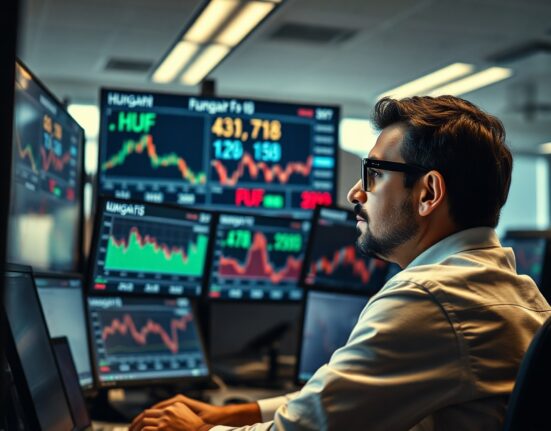 Financial analyst monitoring CEE currency charts including Hungarian forint in a modern trading floor environment