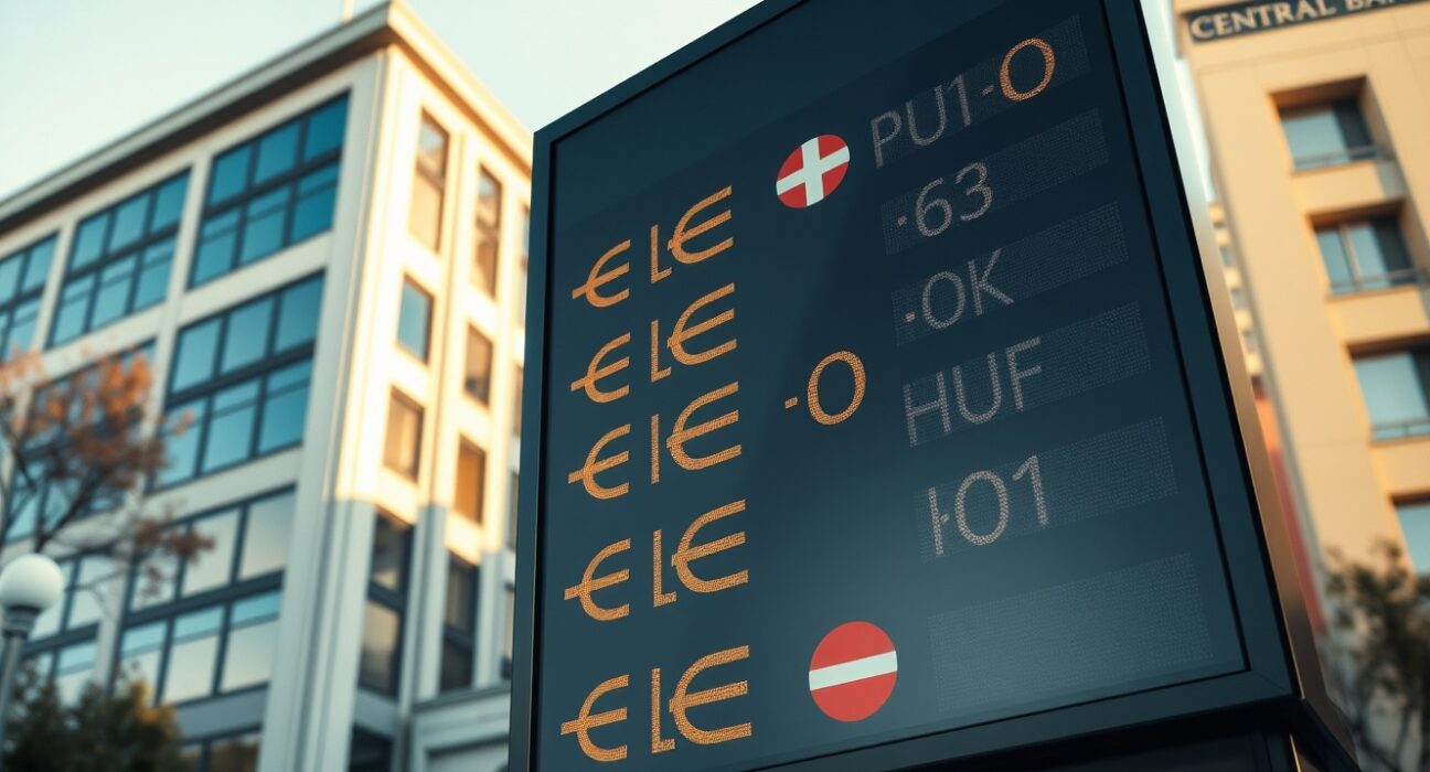 Currency exchange board displaying CEE currency symbols in a financial district.