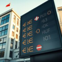 Currency exchange board displaying CEE currency symbols in a financial district.