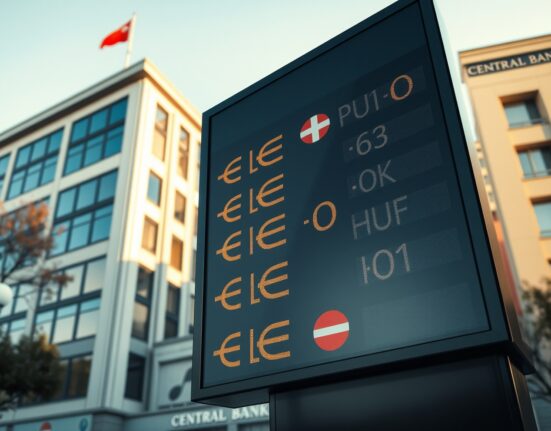 Currency exchange board displaying CEE currency symbols in a financial district.
