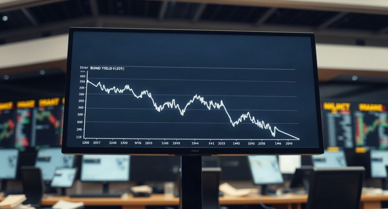 A financial chart on a monitor showing a downward trend in long-term bond yields.
