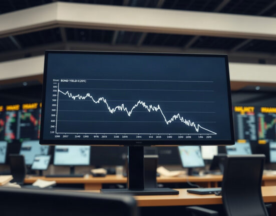 A financial chart on a monitor showing a downward trend in long-term bond yields.