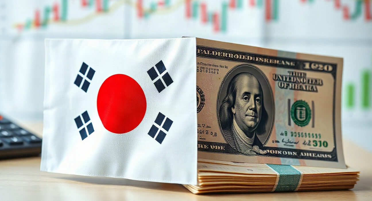 South Korean Won and US Dollar banknotes with a financial chart in the background
