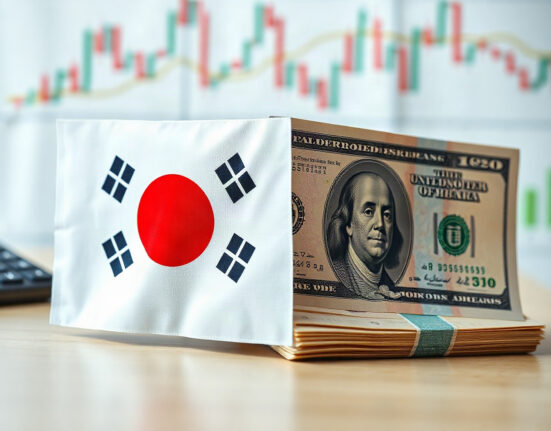 South Korean Won and US Dollar banknotes with a financial chart in the background