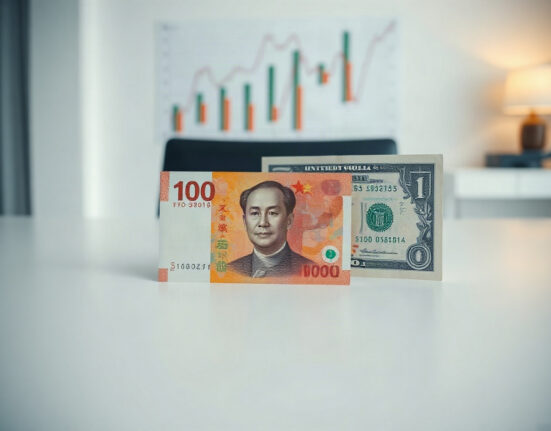 Chinese Yuan and US Dollar banknotes side by side, symbolizing currency exchange dynamics.
