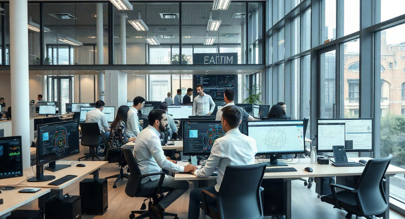 Inherent AI lab team collaborating in a modern London office with data screens