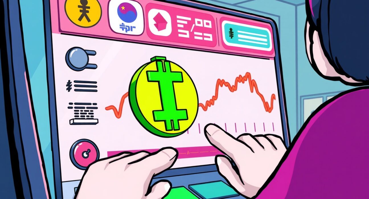 A cartoon illustration showing careful management of the Initia (INIT) token circulation plan on a digital platform, emphasizing transparency.