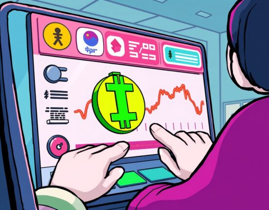 A cartoon illustration showing careful management of the Initia (INIT) token circulation plan on a digital platform, emphasizing transparency.
