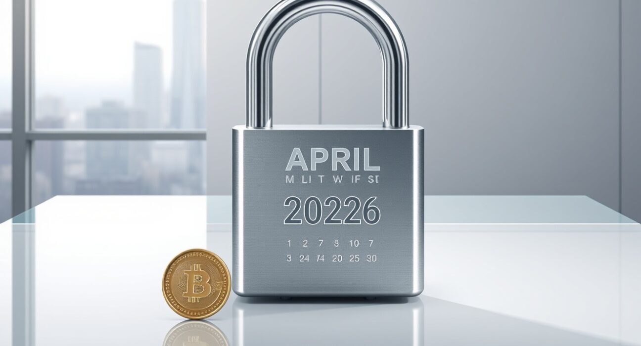 Initia token unlock delay with a metallic lock and calendar showing extended vesting period for early investors and team.