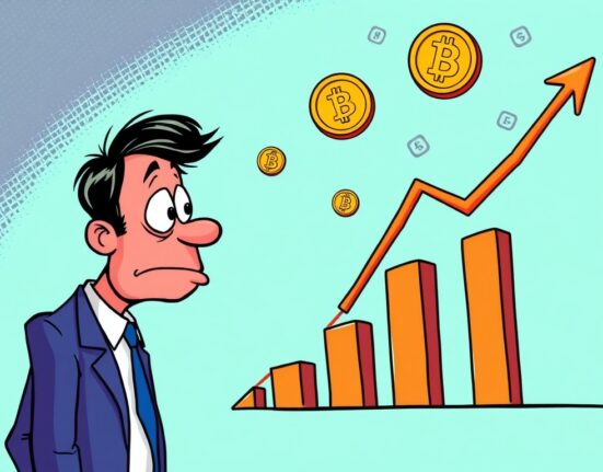 A cartoon illustration showing economic data influencing crypto, emphasizing the impact of US initial jobless claims on market sentiment.