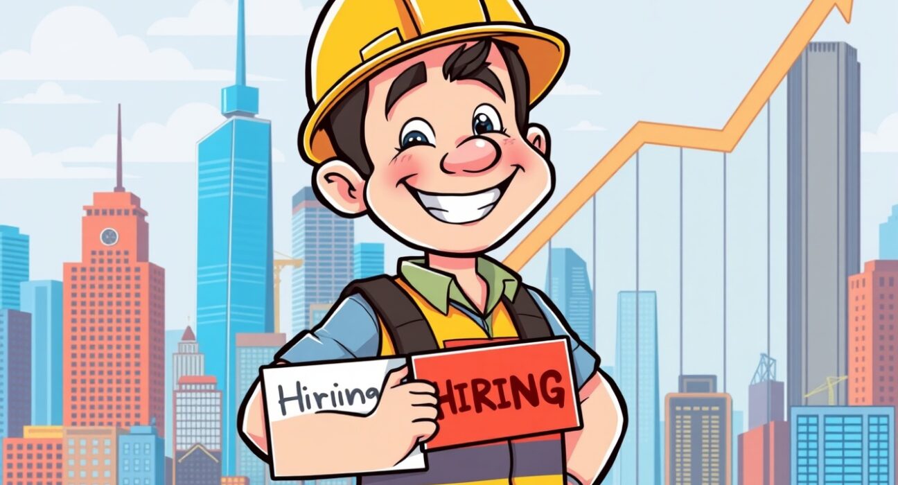 A cheerful cartoon worker celebrates falling initial jobless claims with a hiring sign.