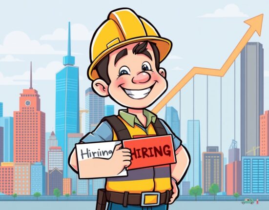 A cheerful cartoon worker celebrates falling initial jobless claims with a hiring sign.