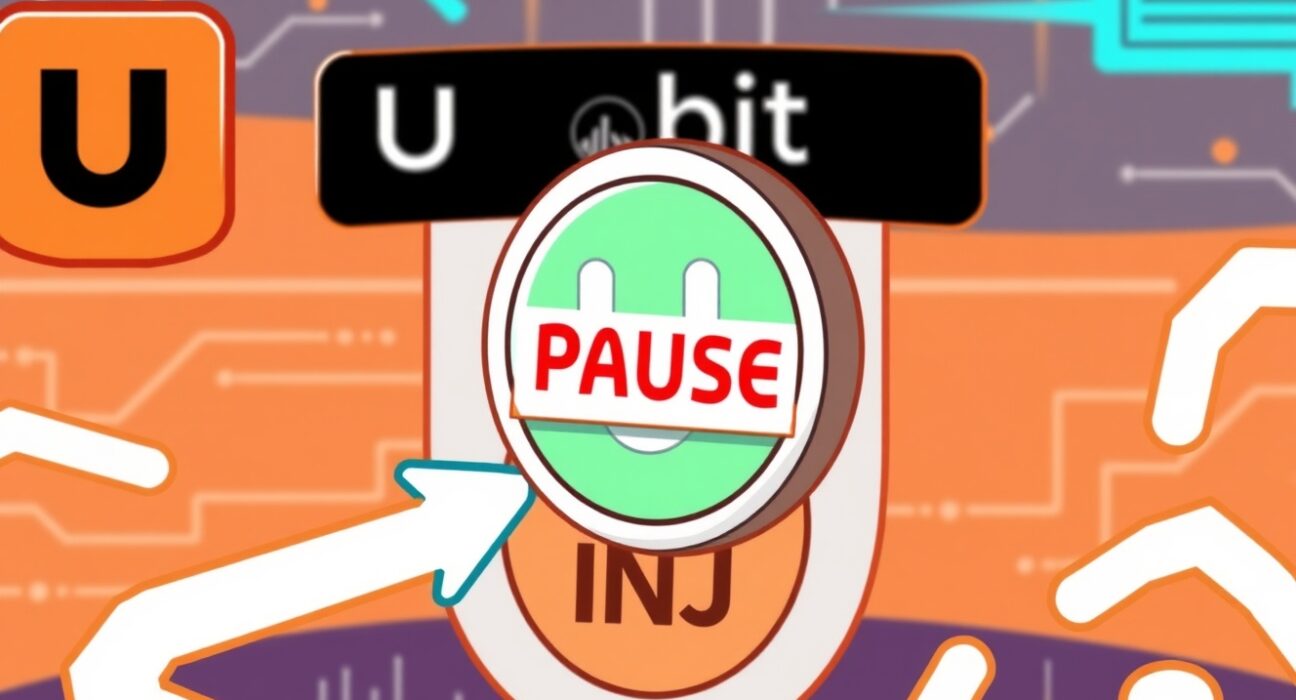 Cartoon showing INJ deposits and withdrawals paused on a crypto exchange for an upgrade, alerting users to important changes.