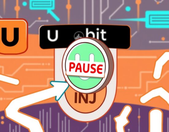 Cartoon showing INJ deposits and withdrawals paused on a crypto exchange for an upgrade, alerting users to important changes.