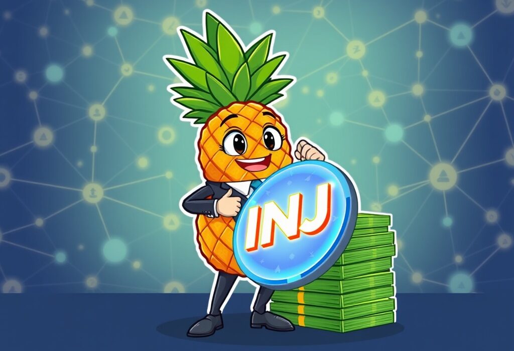 Cartoon pineapple character investing in a glowing INJ token, symbolizing Pineapple Financial's strategic $100M investment.